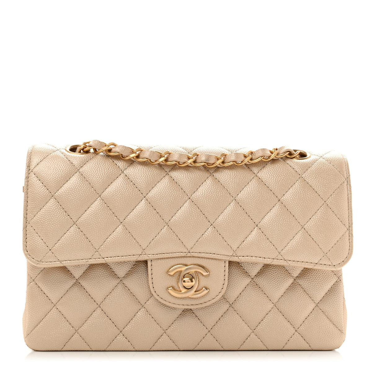 Metallic Caviar Quilted Small Double Flap Gold