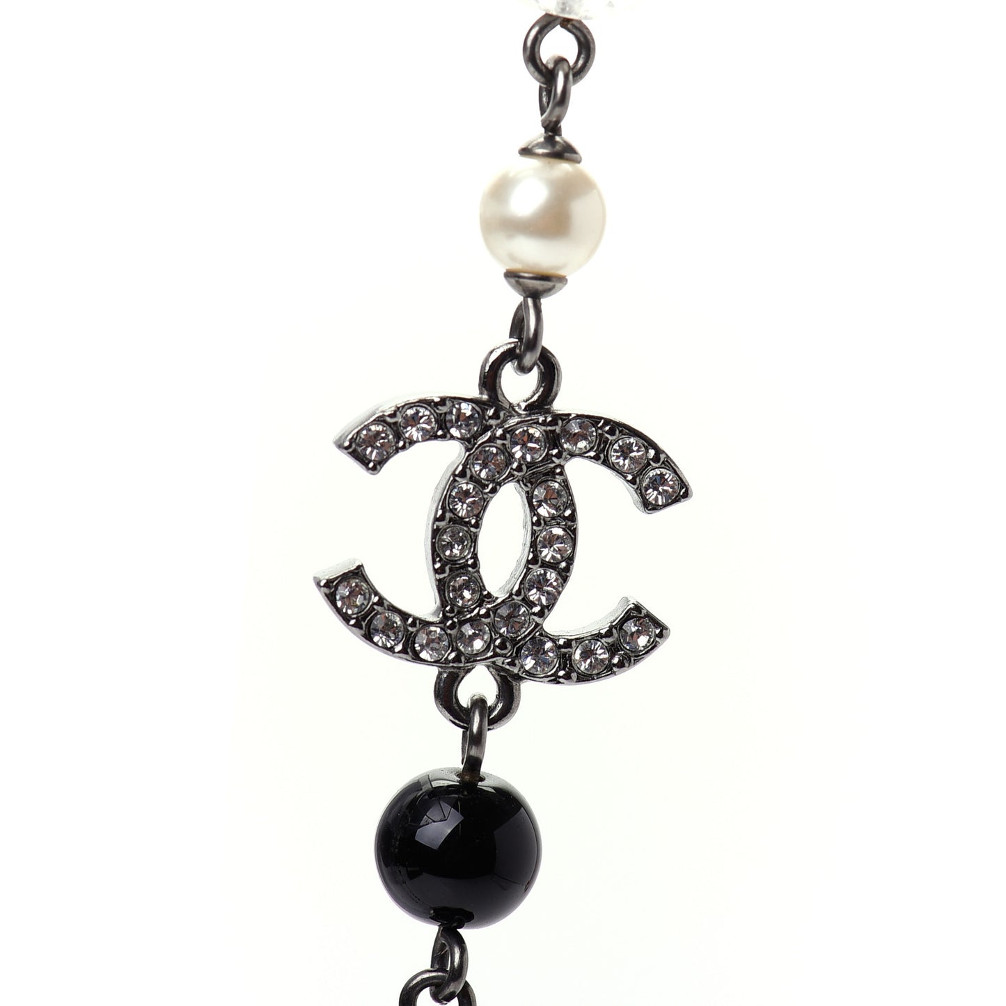 Pearl Crystal Bead CC Long Necklace Black Silver