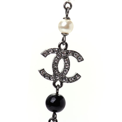 Chanel Pearl Crystal Bead CC Long Necklace Black Silver 4 of 6