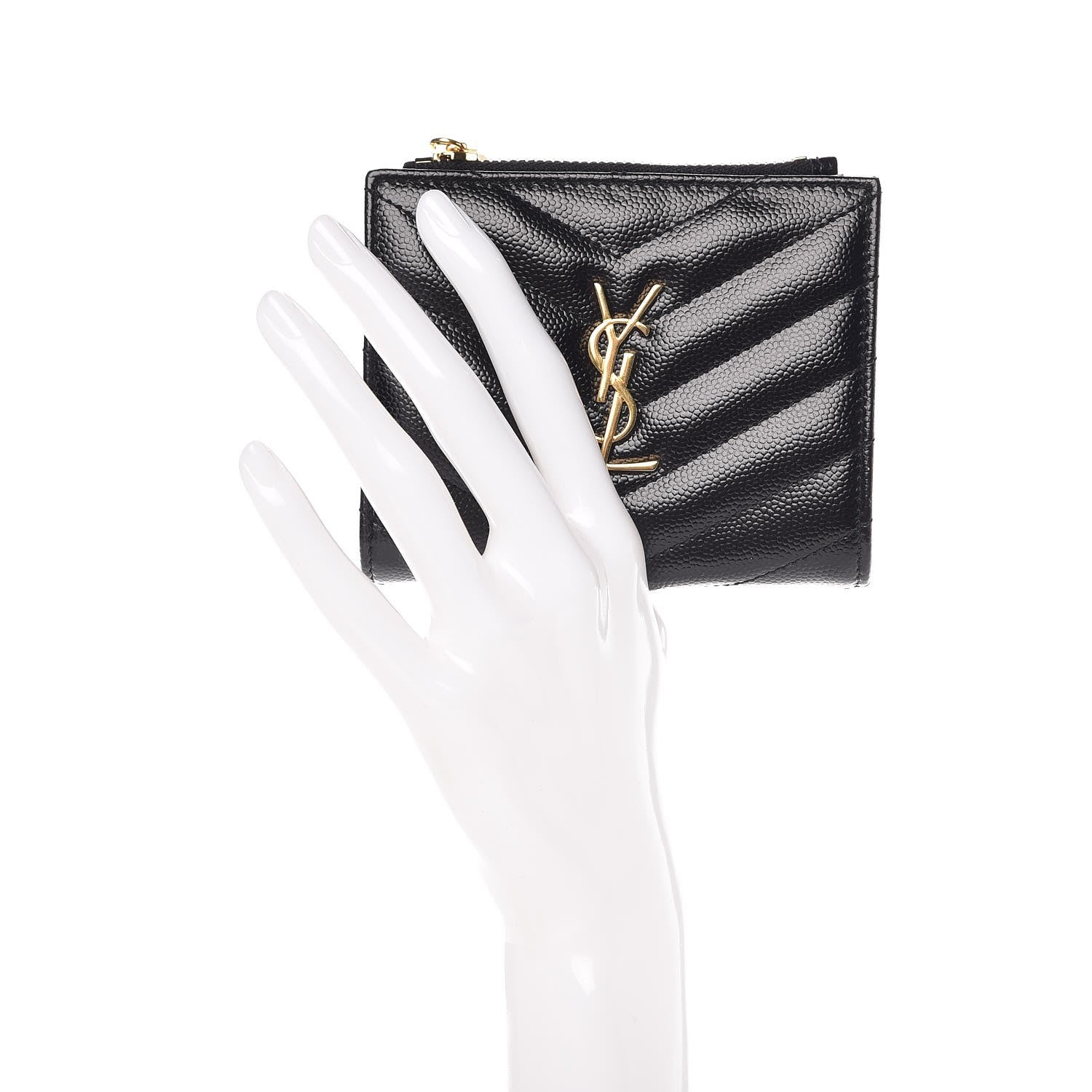 Saint Laurent Grain De Poudre Matelasse Chevron Monogram Zipped Card Case Black 2 of 7
