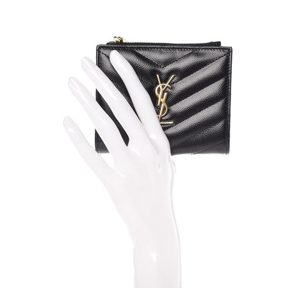Saint Laurent Grain De Poudre Matelasse Chevron Monogram Zipped Card Case Black 2 of 7
