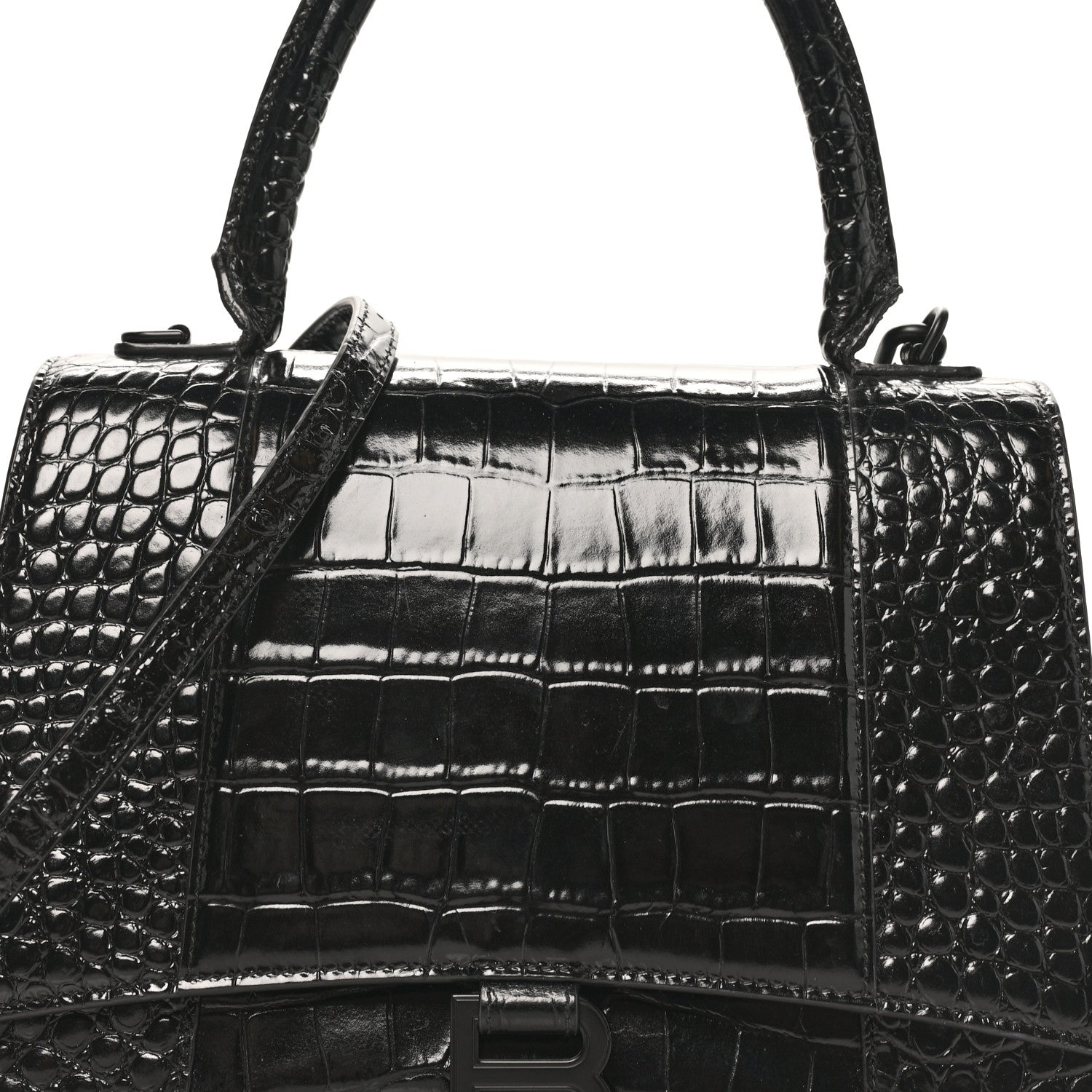 Balenciagaクロコダイル風ブラックハンドバッグ Balenciaga Shiny Calfskin Monochrome Crocodile Embossed Medium