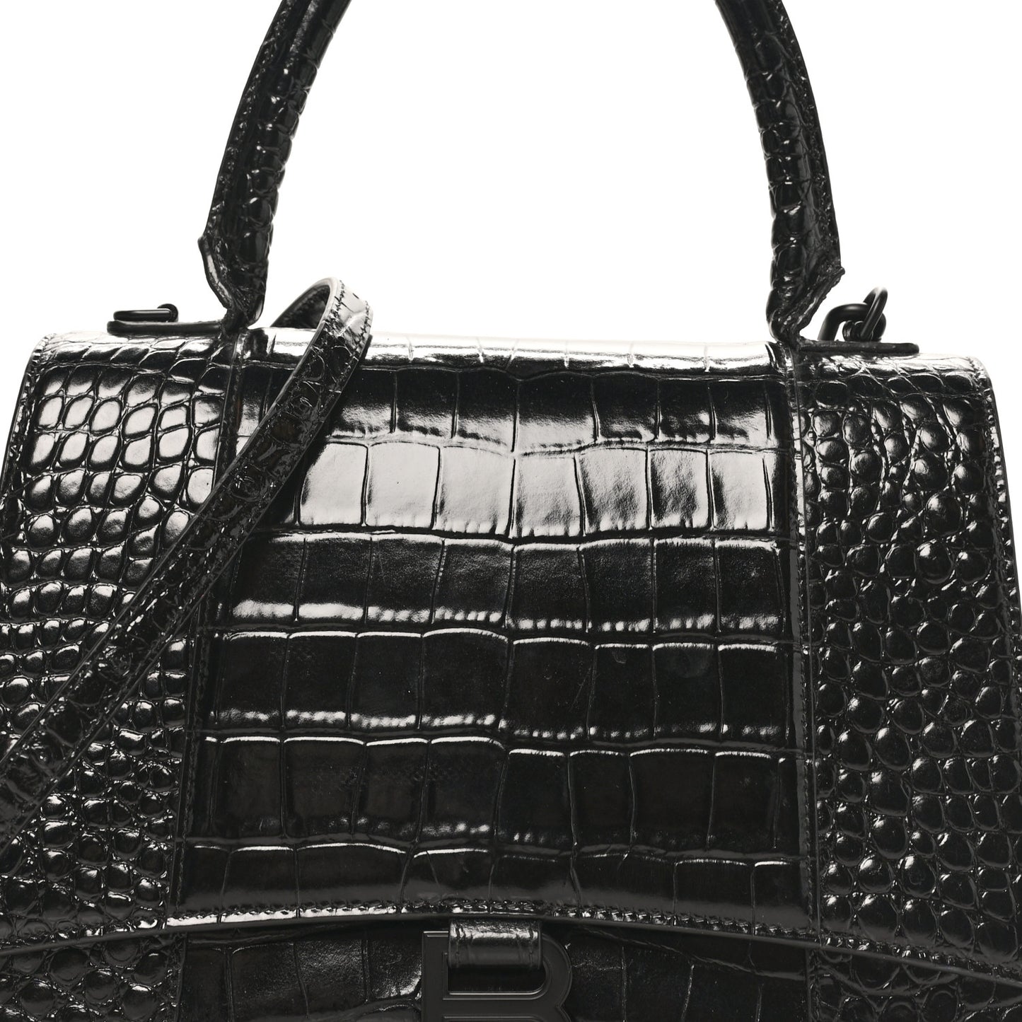 Shiny Calfskin Monochrome Crocodile Embossed Medium Hourglass Top Handle Bag Black