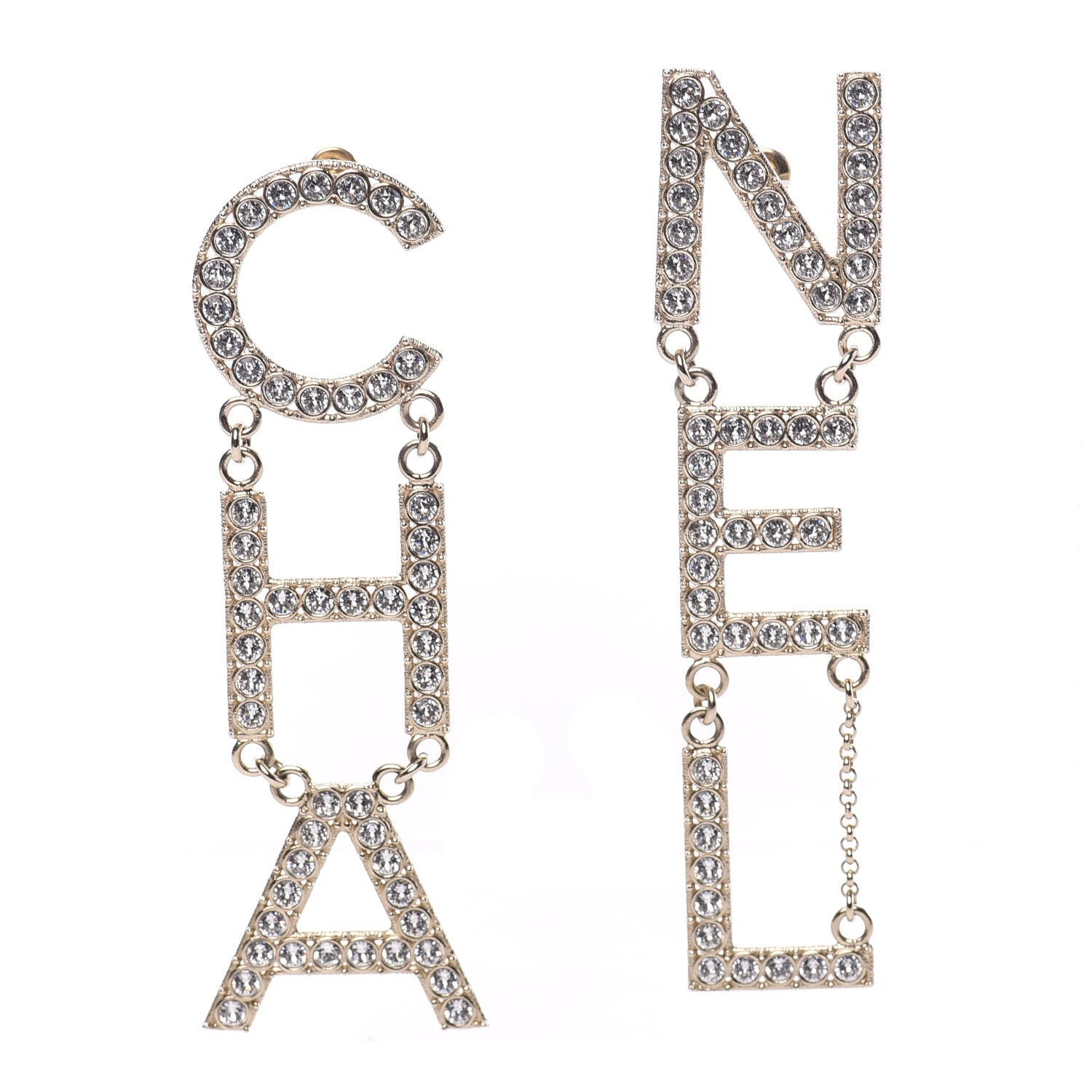 Chanel Crystal Cha-Nel Logo Drop Earrings Gold 1 of 5