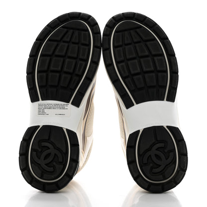 Chanel Fabric Laminated Calfskin Stretch CC Womens Sneakers 37 White Gold Silver 5 of 8