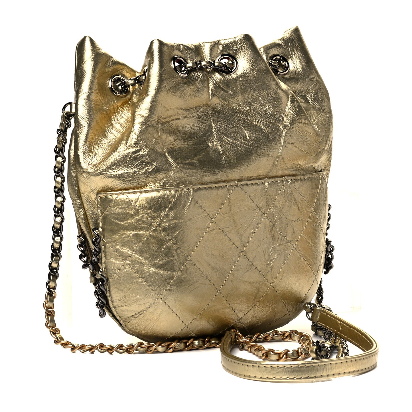 Metallic Aged Calfskin Quilted Small Gabrielle Bucket Gold
