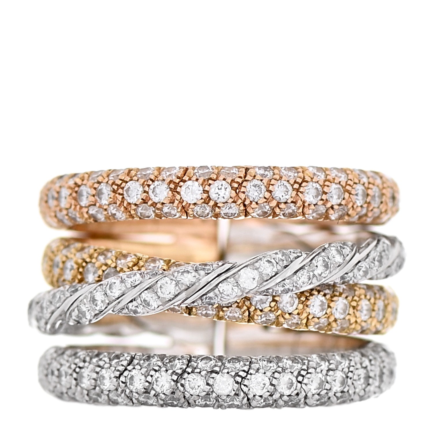 David Yurman 18K Yellow White Rose Gold Diamond Pave Flex Four-Row Ring 53 6.5 1 of 5