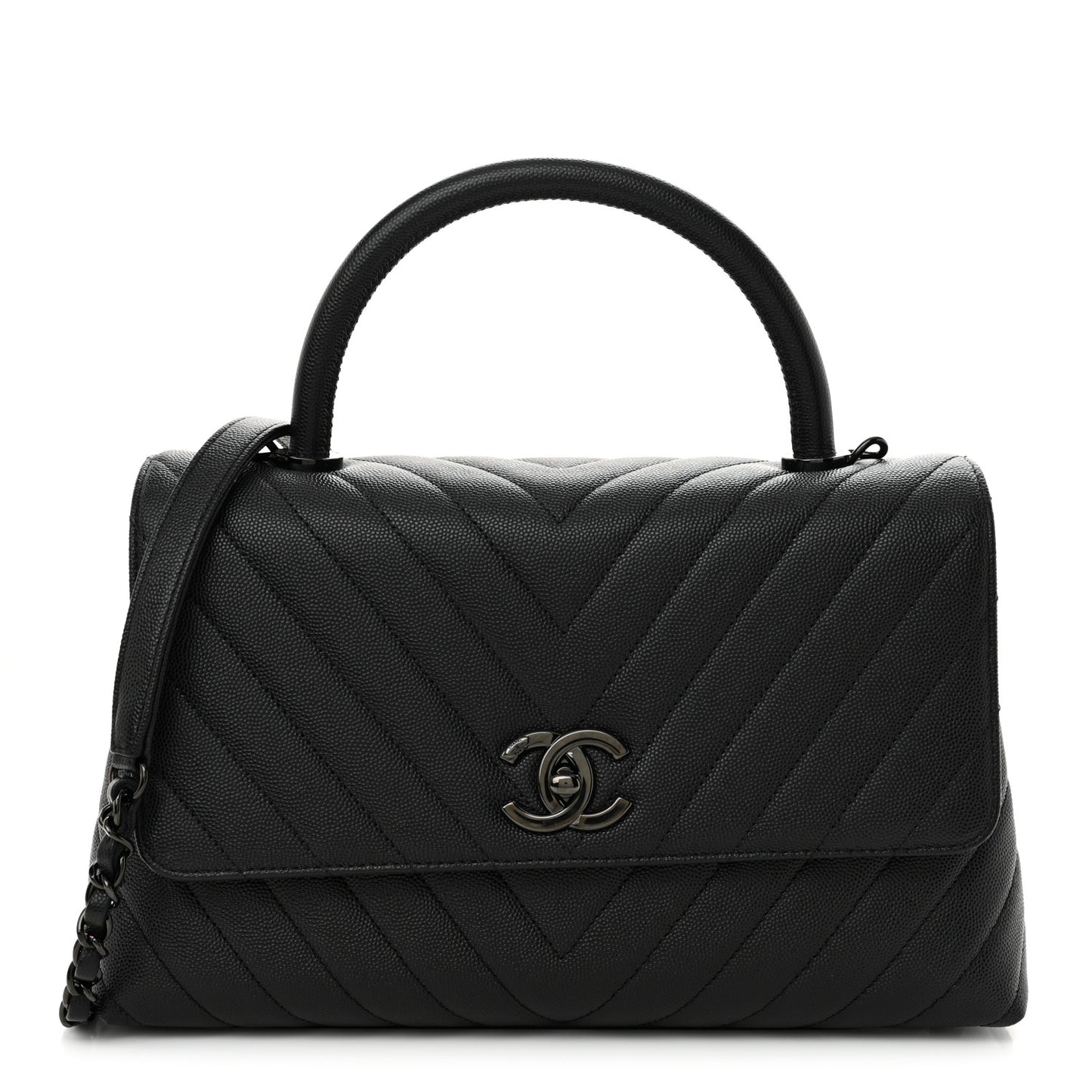 Caviar Chevron Quilted Small Coco Handle Flap So Black