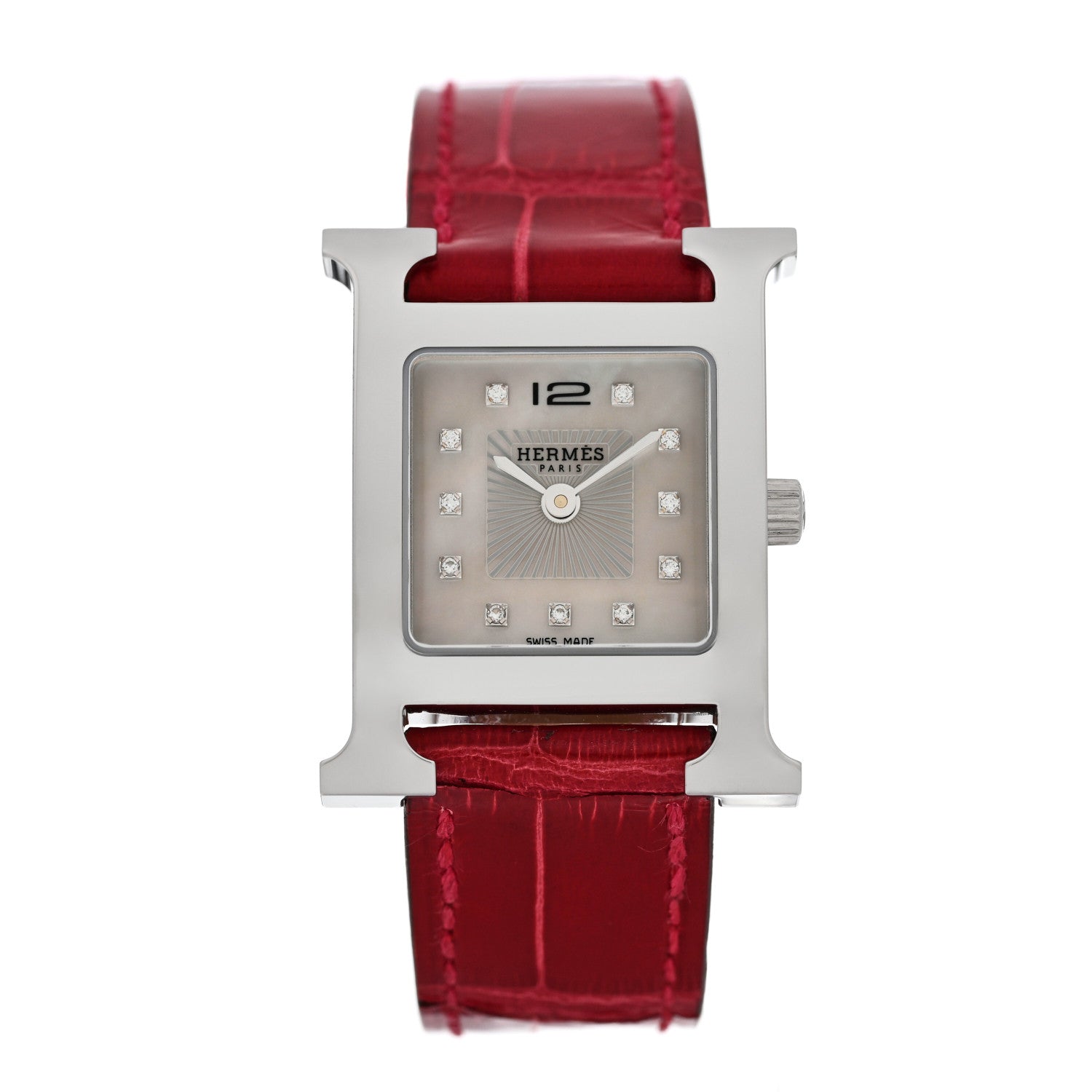 Hermes Stainless Steel Alligator Diamond Mother of Pearl 21mm Heure H Hour Quartz Watch Framboise 1 of 5