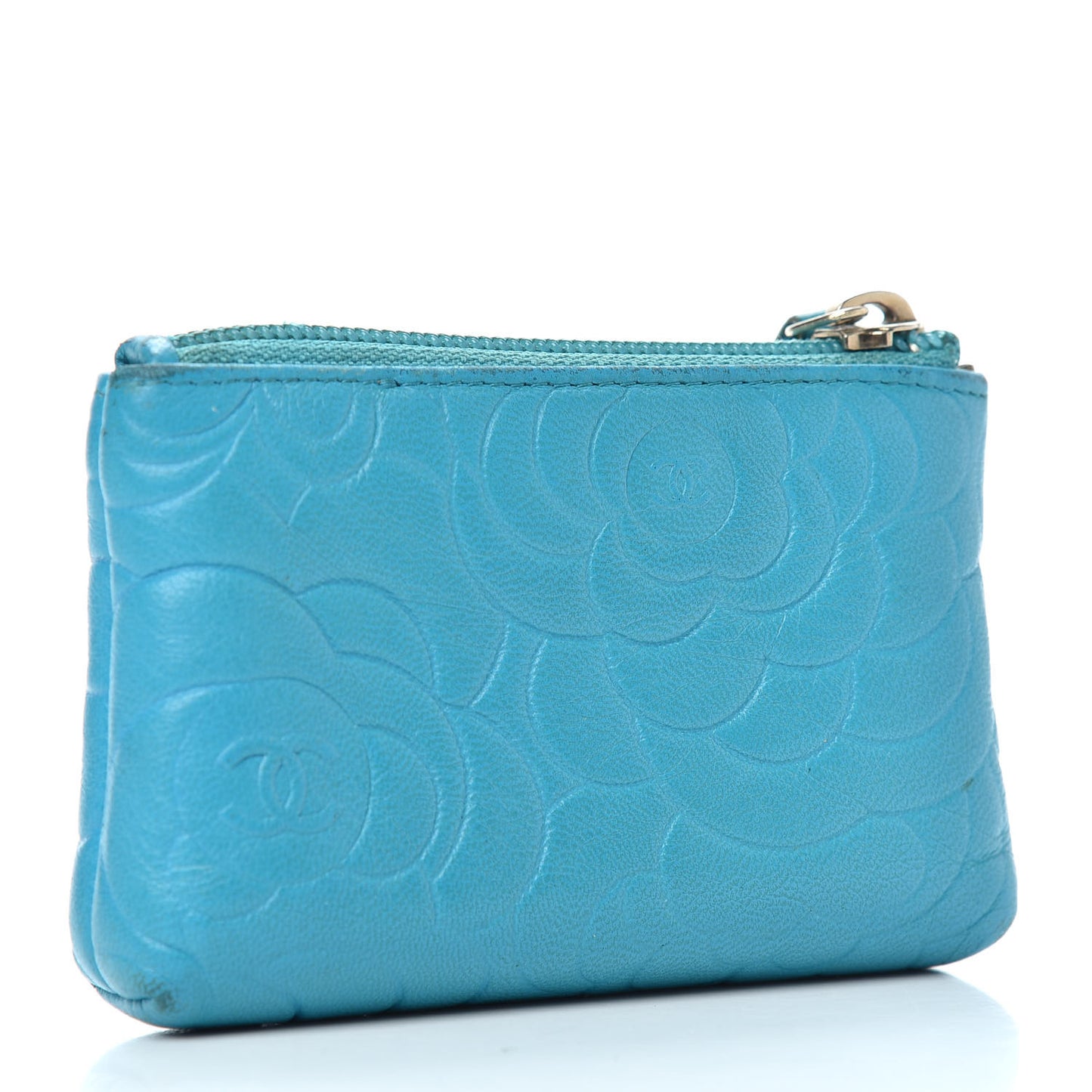 Lambskin Camellia Embossed Key Holder Case Turquoise