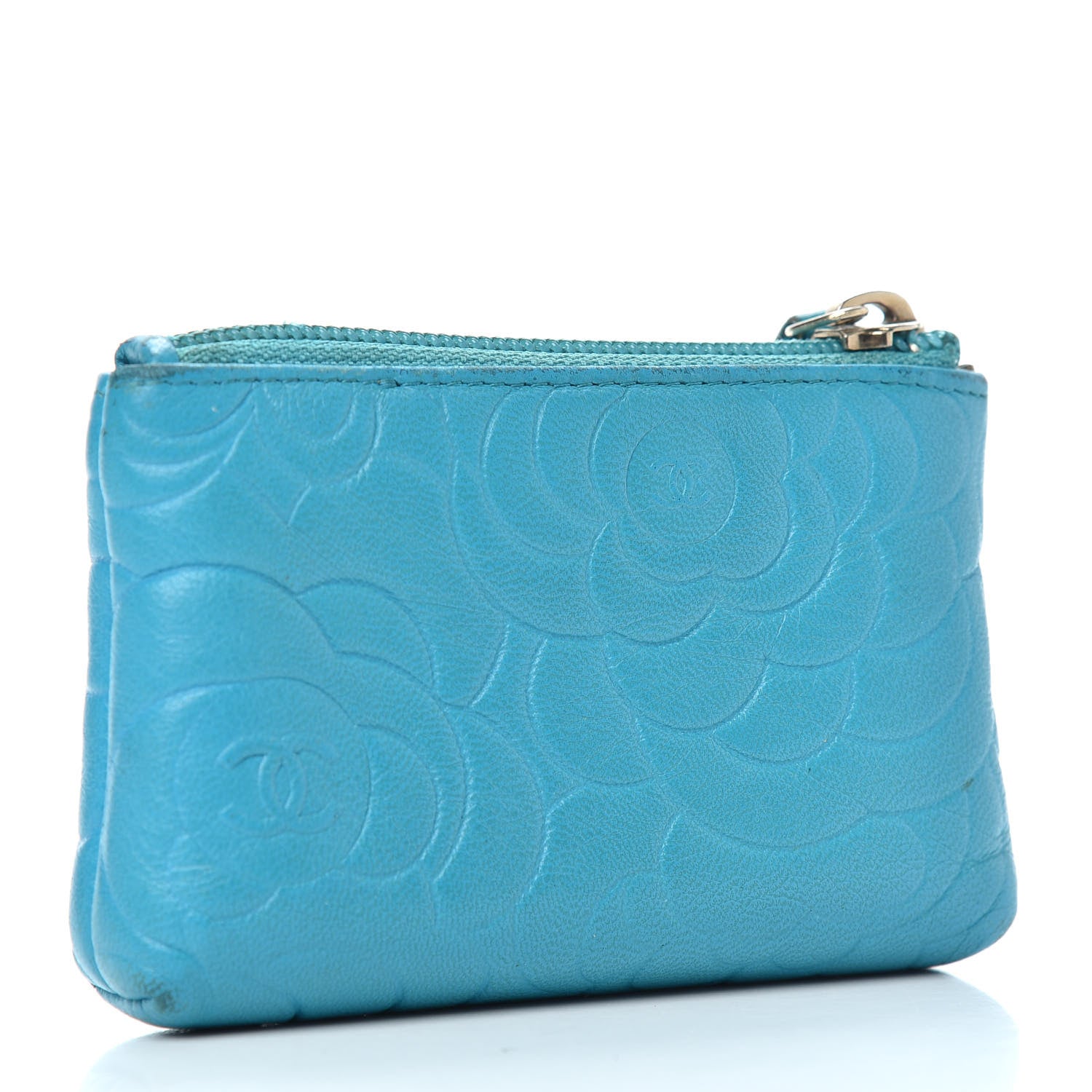 Chanel Lambskin Camellia Embossed Key Holder Case Turquoise 3 of 7