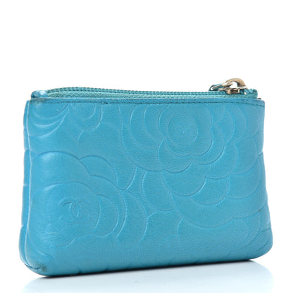 Chanel Lambskin Camellia Embossed Key Holder Case Turquoise 3 of 7