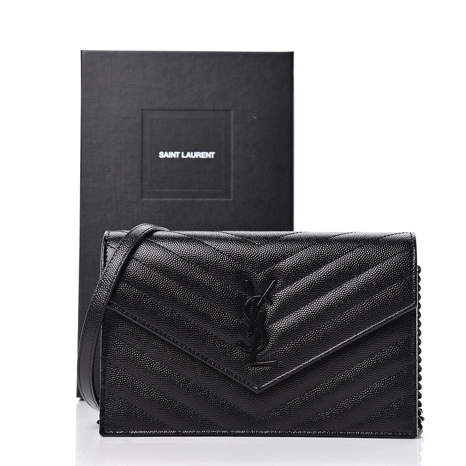 Saint Laurent Grain De Poudre Matelasse Chevron Monogram Envelope Chain Wallet Black 11 of 11