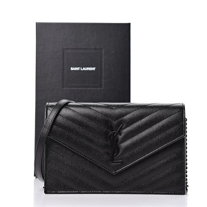 Saint Laurent Grain De Poudre Matelasse Chevron Monogram Envelope Chain Wallet Black 11 of 11