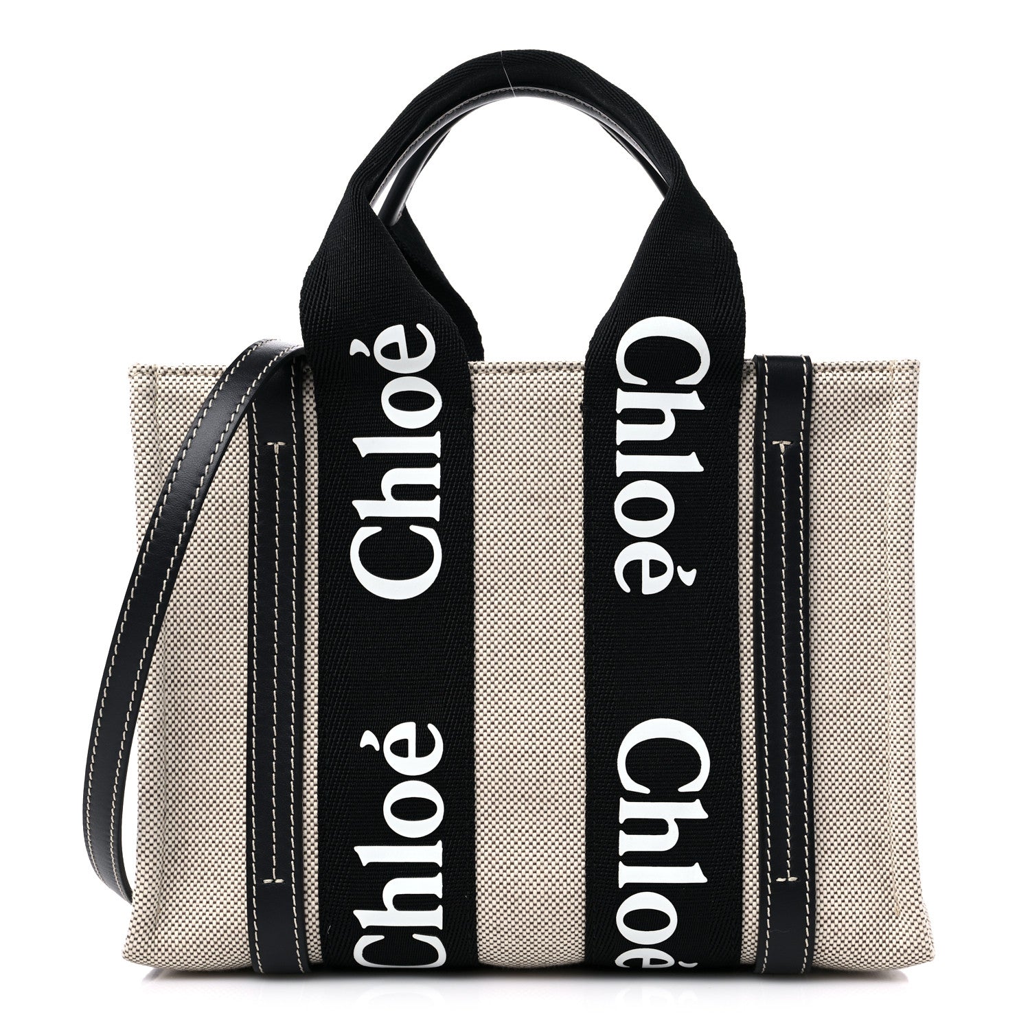 Chloe Cotton Calfskin Small Woody Ribbon Tote With Strap Black Blue 1 of 9