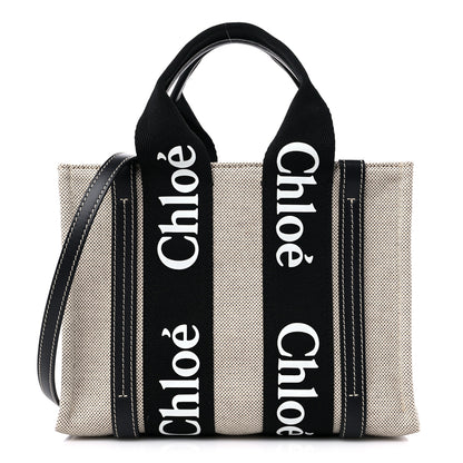 Chloe Cotton Calfskin Small Woody Ribbon Tote With Strap Black Blue 1 of 9