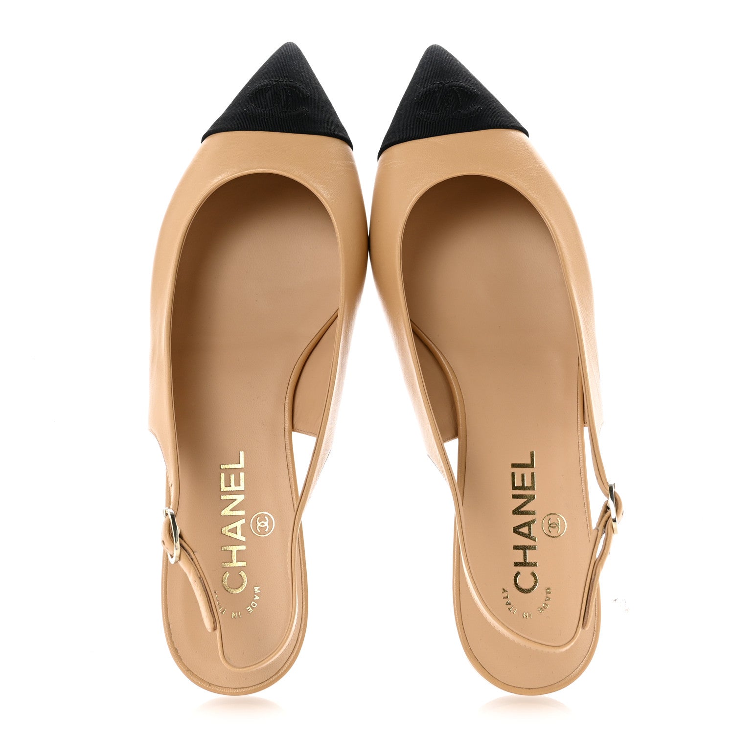 Chanel Goatskin Grosgrain Pointed Toe CC Slingback Flats 39.5 Beige Black 2 of 10