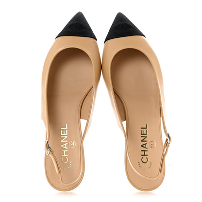 Chanel Goatskin Grosgrain Pointed Toe CC Slingback Flats 39.5 Beige Black 2 of 10