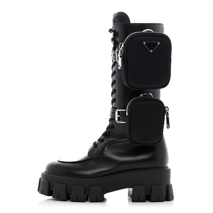 Prada Vitello Lux Nylon Metal Triangle Logo Monolith Pouch Pocket 55mm Tall Combat Boots 35.5 Black 1 of 12
