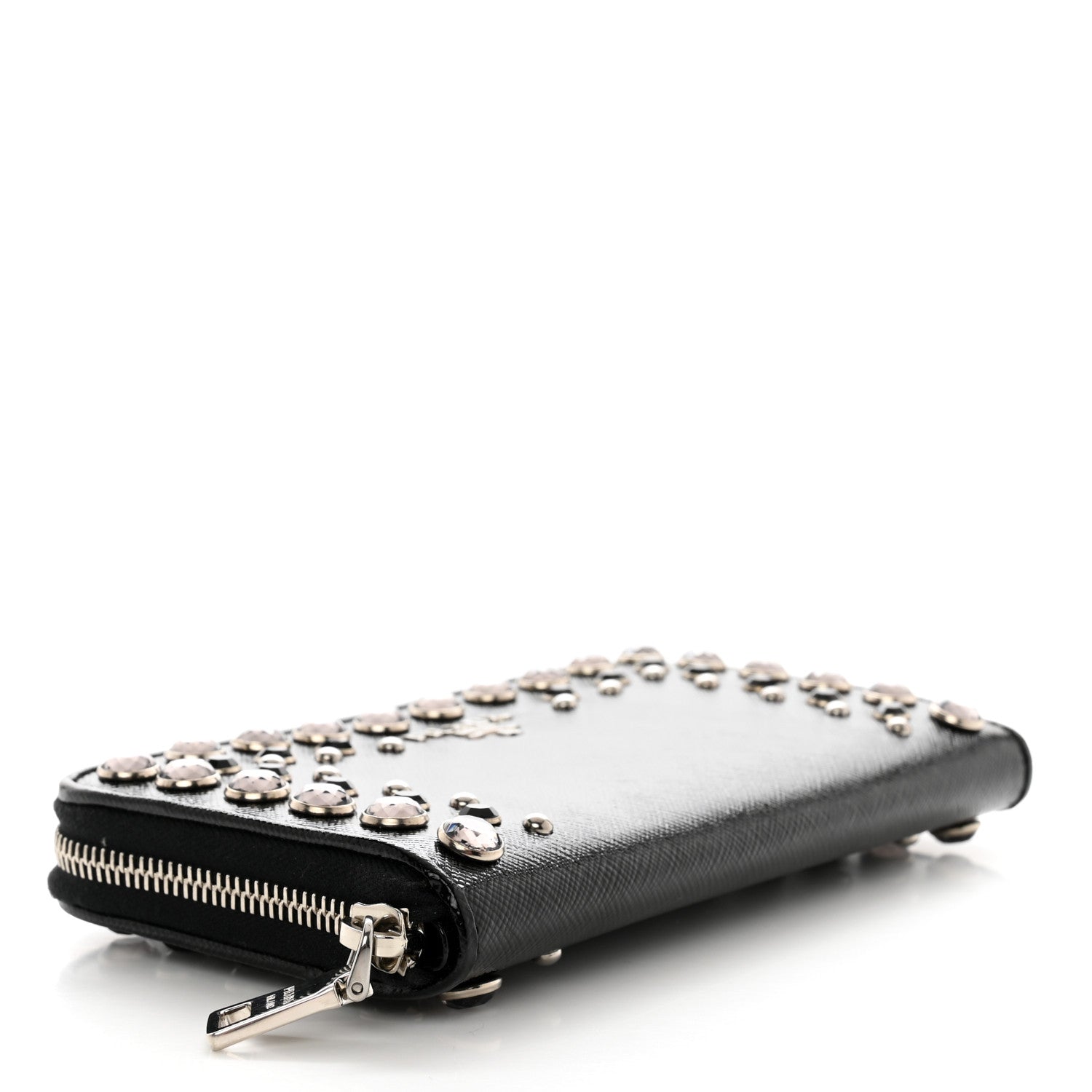 Prada Saffiano Vernice Crystal Studded Zip Around Wallet Black 4 of 7