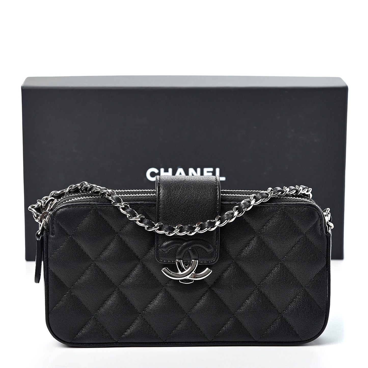 Goatskin Quilted CC Box Clutch With Chain Black