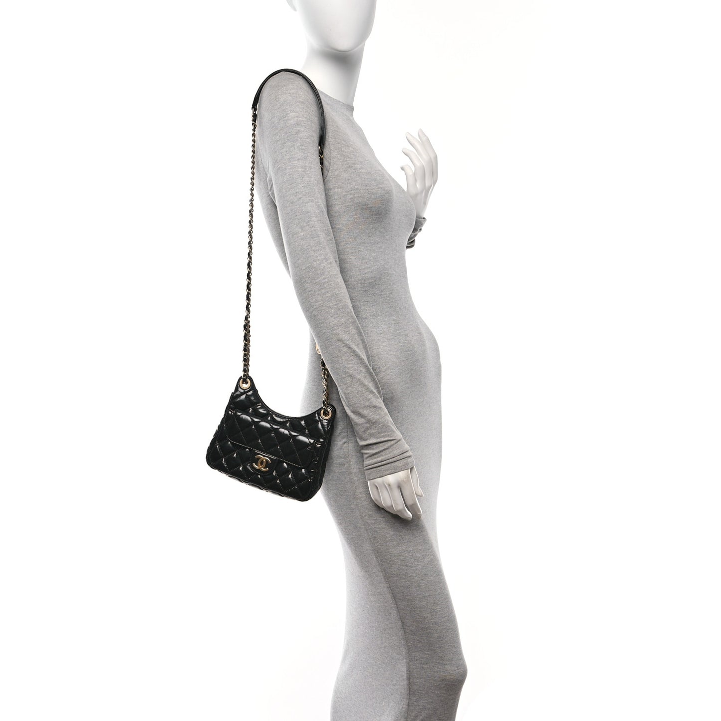 Shiny Crumpled Calfskin Quilted Small Wavy CC Hobo Black