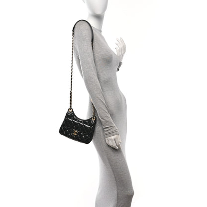 Chanel Shiny Crumpled Calfskin Quilted Small Wavy CC Hobo Black 2 of 10