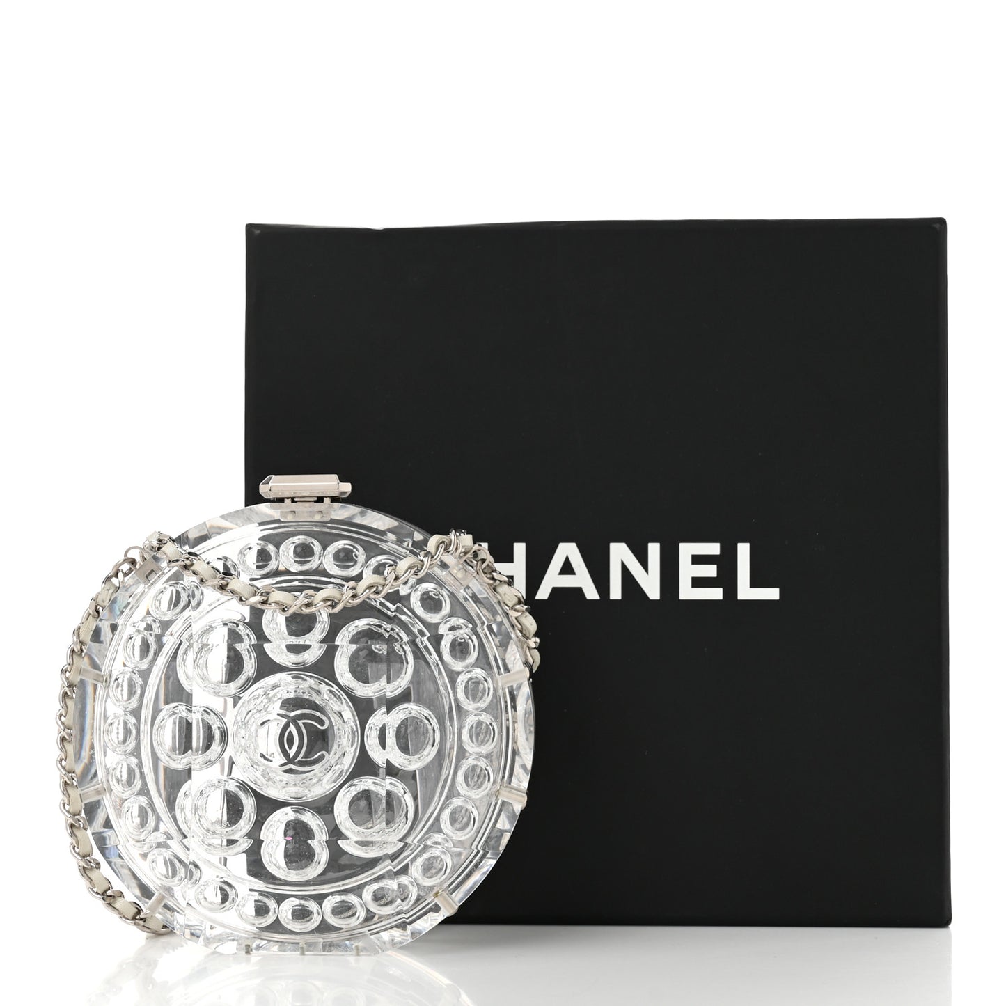 Transparent Lucite Round CC Minaudiere Clutch White