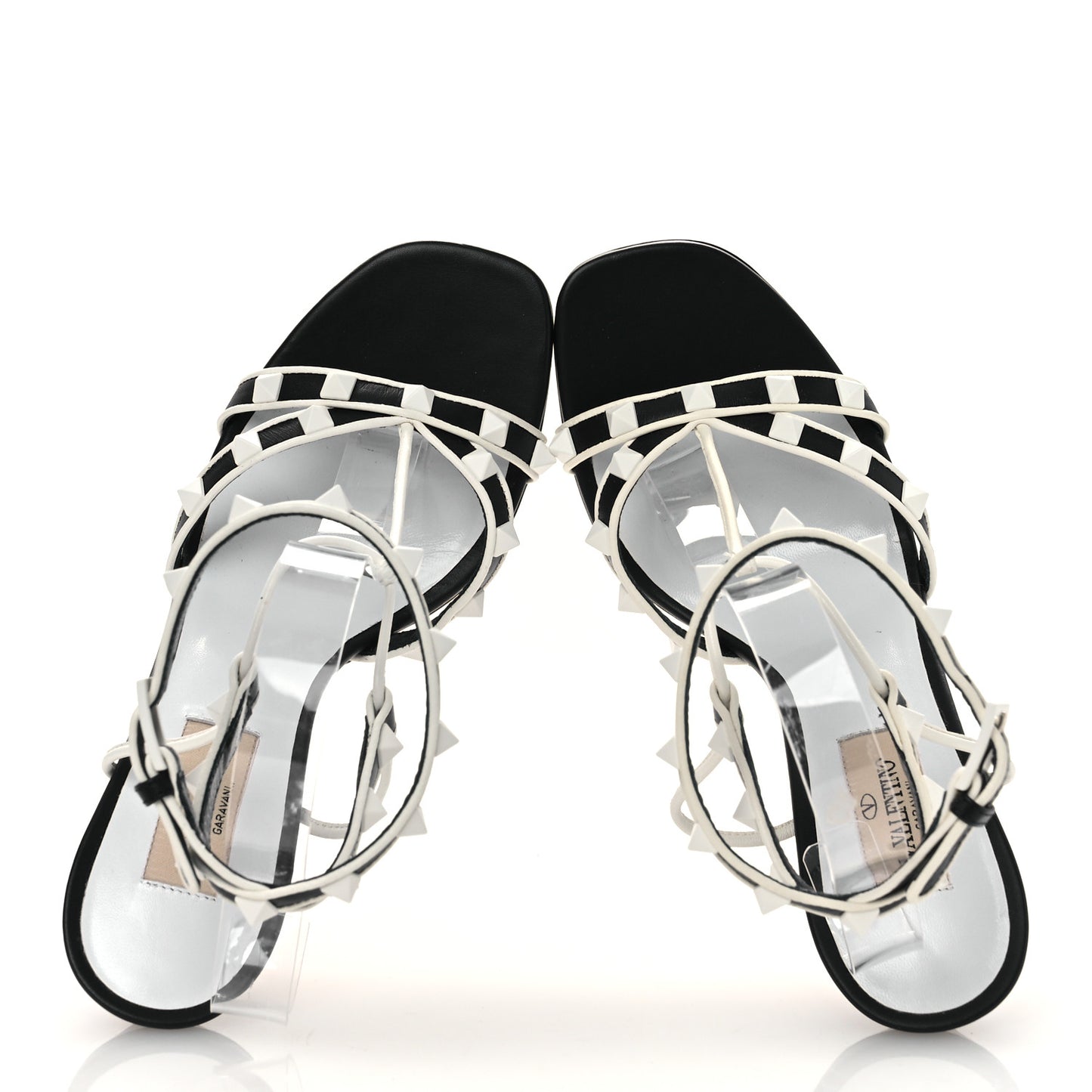 Calfskin Free Rockstud Ankle T-Strap 105mm Sandals 37.5 Black Optic White