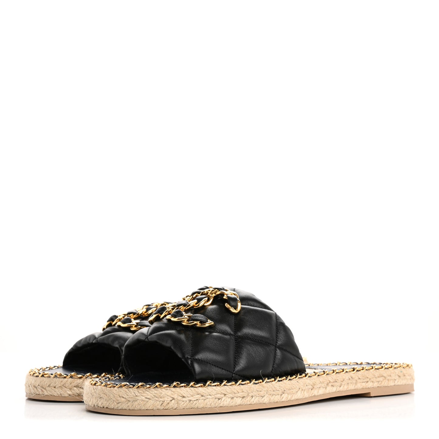 Lambskin Quilted CC Chain Espadrille Mules 40 Black Navy