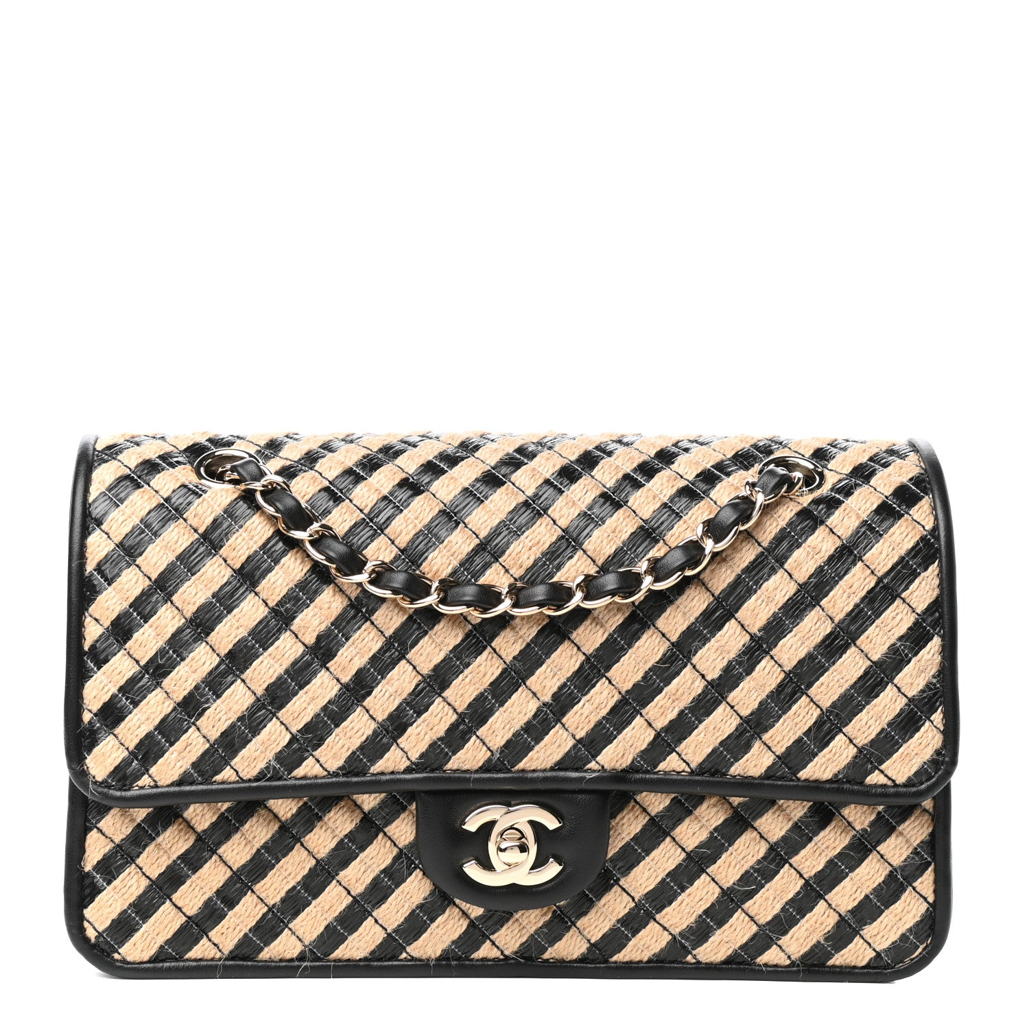 Chanel Raffia Jute Striped Medium Single Flap Black Beige 1 of 10