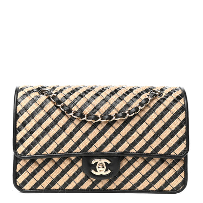 Chanel Raffia Jute Striped Medium Single Flap Black Beige 1 of 10
