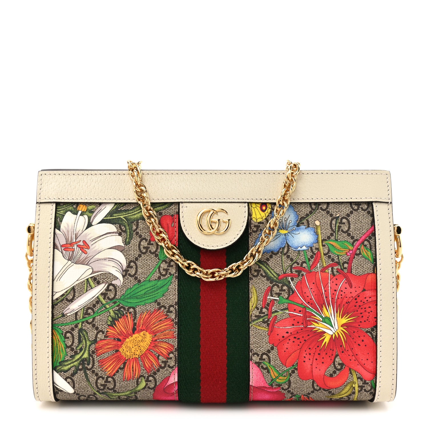 Gucci GG Supreme Monogram Flora Web Small Ophidia Chain Shoulder Bag White 1 of 12