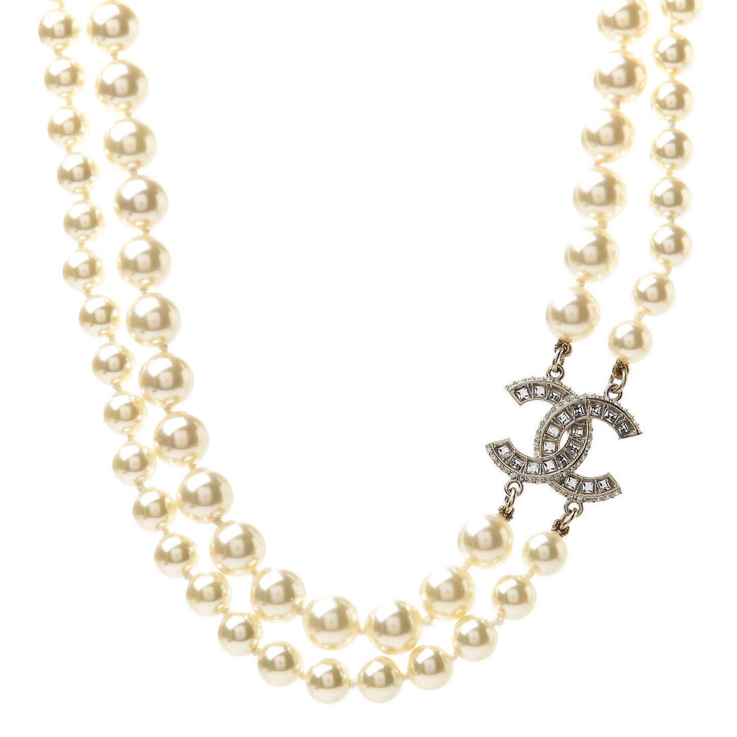Baguette Crystal Pearl CC Double Strand Necklace Gold