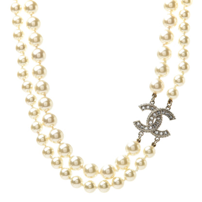 Chanel Baguette Crystal Pearl CC Double Strand Necklace Gold 1 of 5