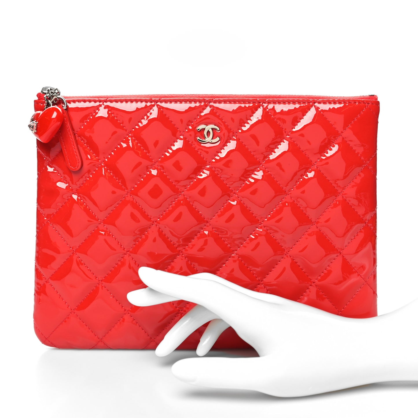 Patent Calfskin Quilted Valentine Hearts Medium O Cosmetic Case Red
