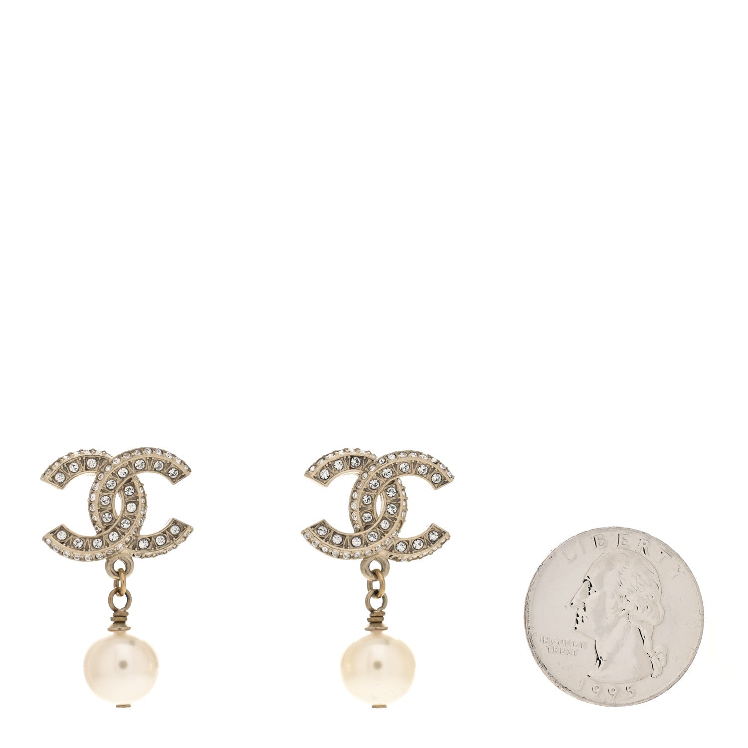 Chanel Pearl Crystal CC Drop Earrings Gold 2 of 4