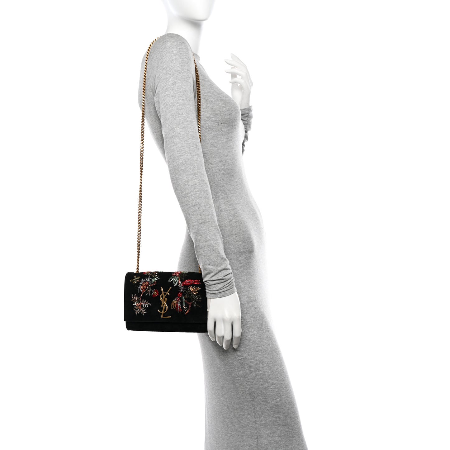 Suede Embroidered Birds Monogram Chain Wallet Black