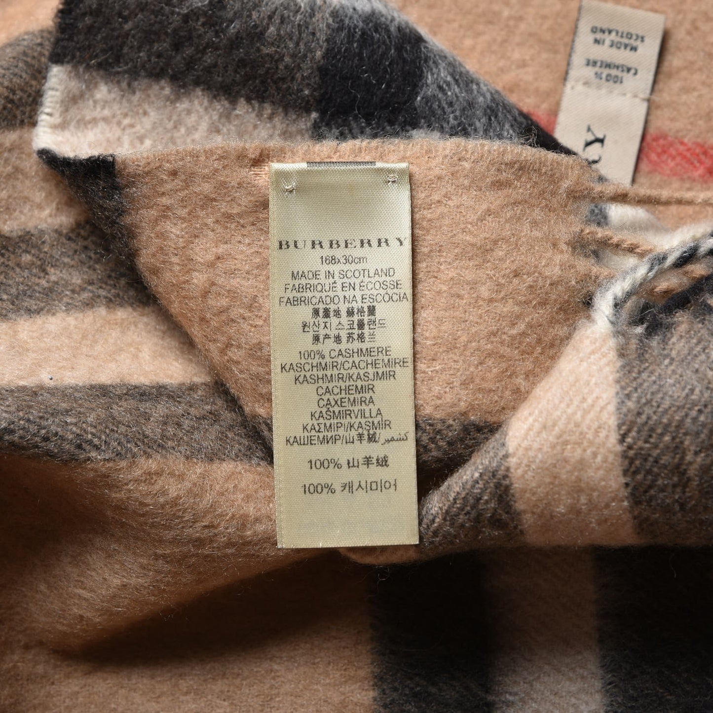 Cashmere Giant Check Fringe Scarf Camel