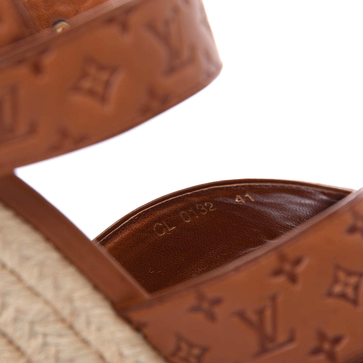 Louis Vuitton Calfskin Monogram Embossed Espadrille Wedge Sandals 41 Cognac 10 of 10