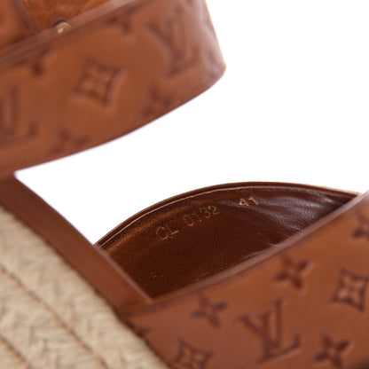 Louis Vuitton Calfskin Monogram Embossed Espadrille Wedge Sandals 41 Cognac 10 of 10