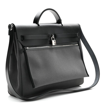 Hermes Military Toile Vache Hunter Herbag Messenger 39 Gris Fumee Black 4 of 11