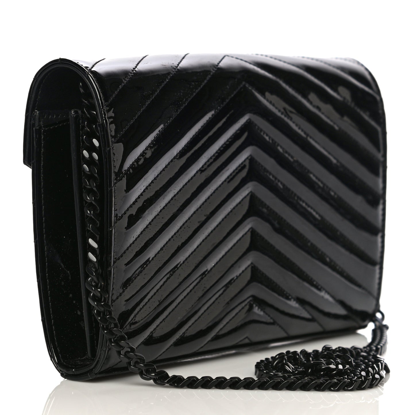 Patent Matelasse Chevron Monogram Chain Wallet Black