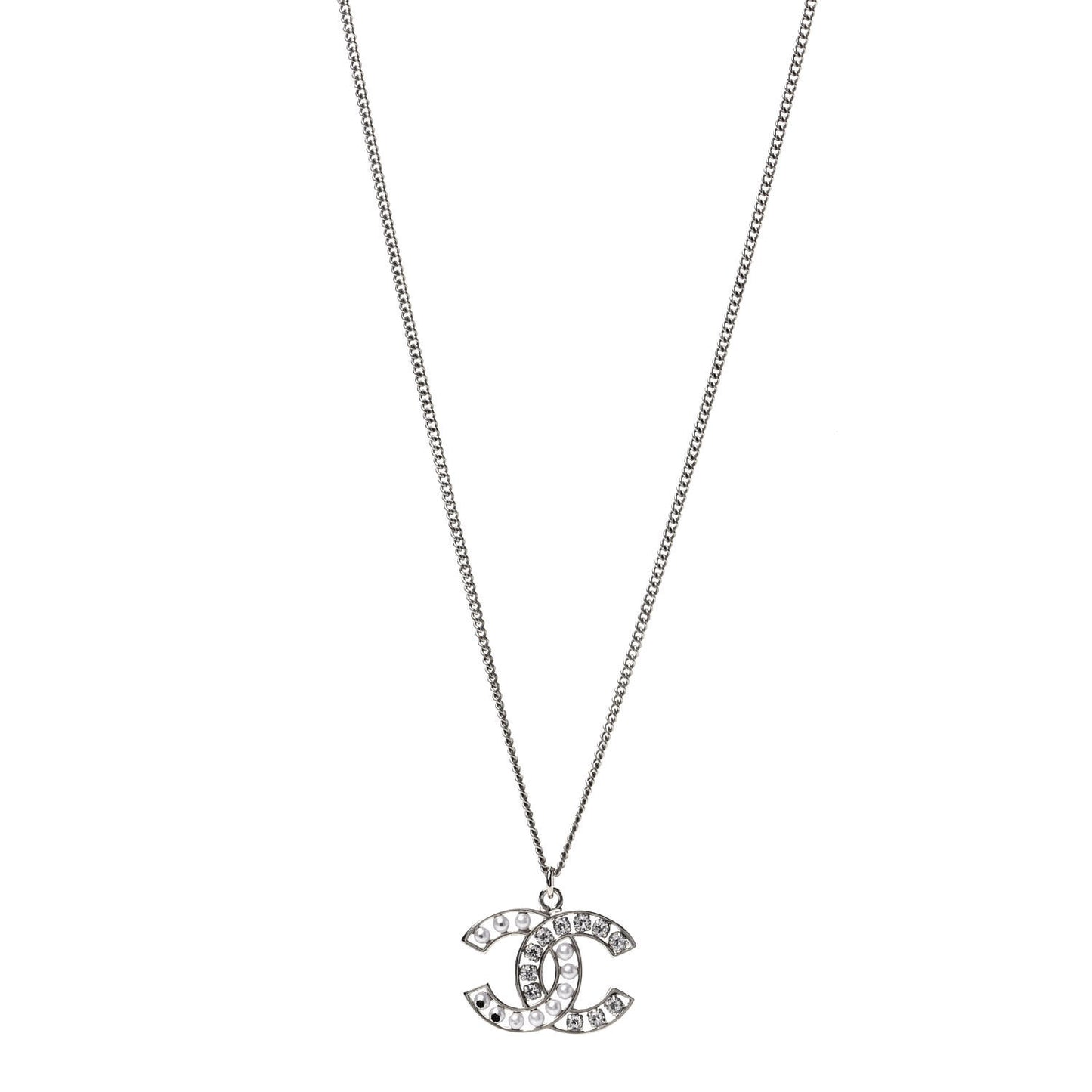 Crystal Pearl CC Pendant Necklace Silver