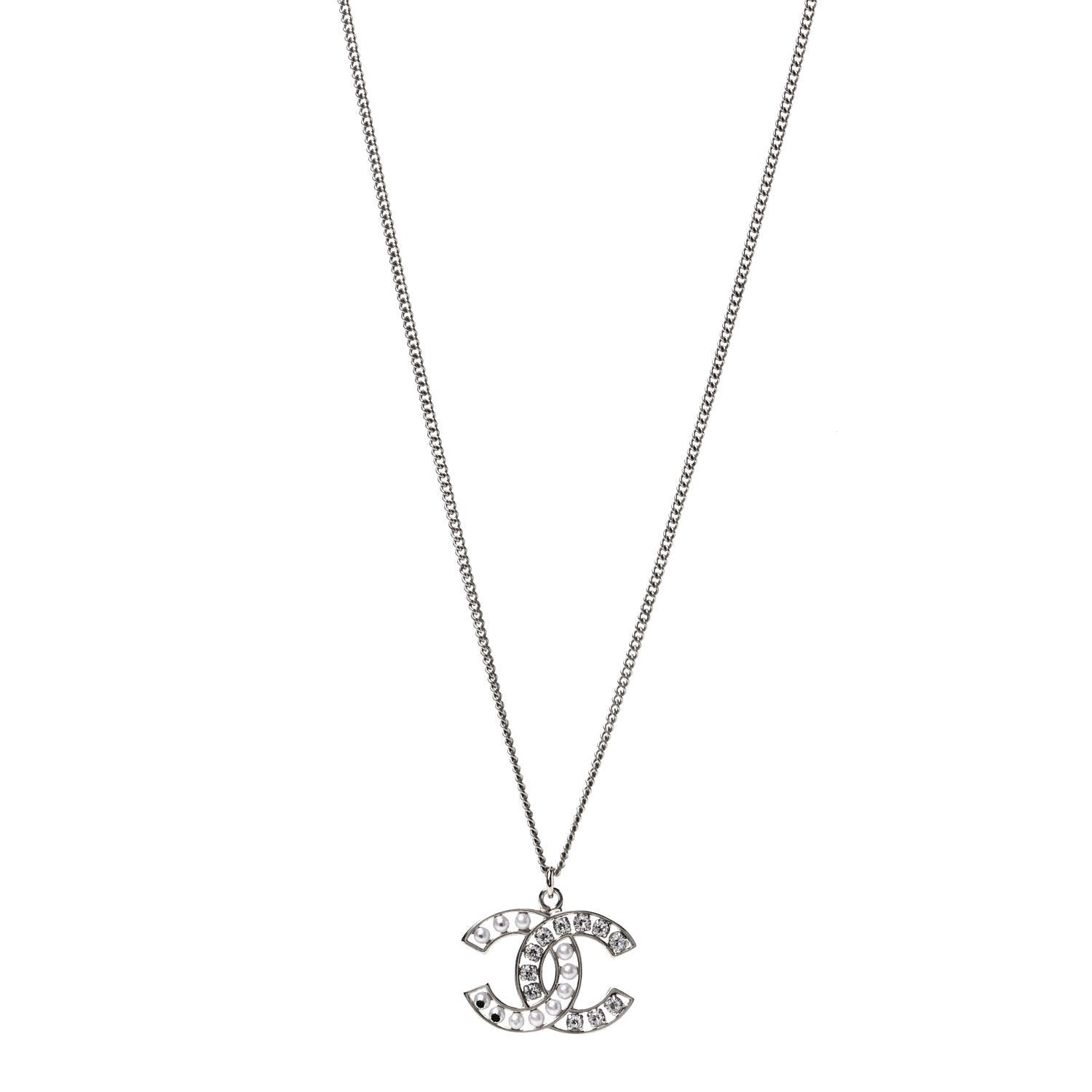 Chanel Crystal Pearl CC Pendant Necklace Silver 1 of 4