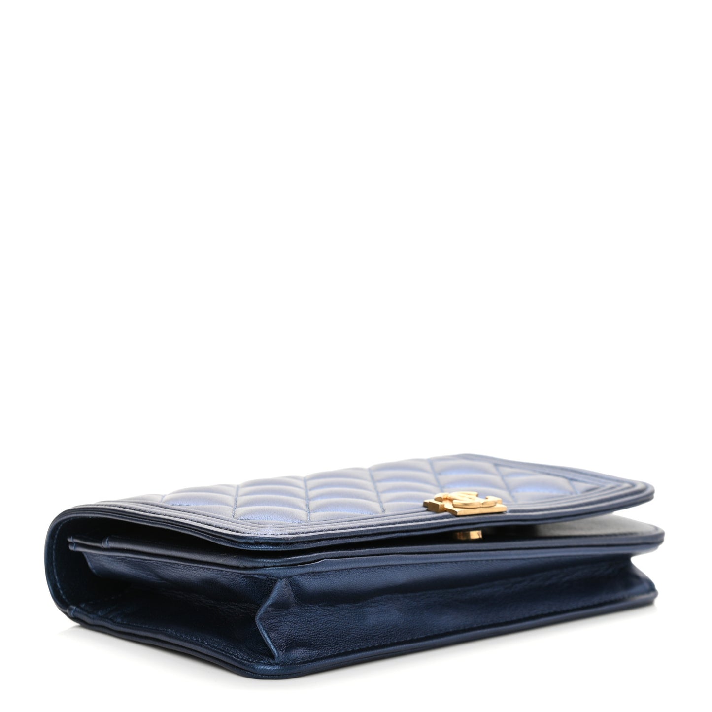 Metallic Lambskin Quilted Boy Wallet On Chain WOC Blue