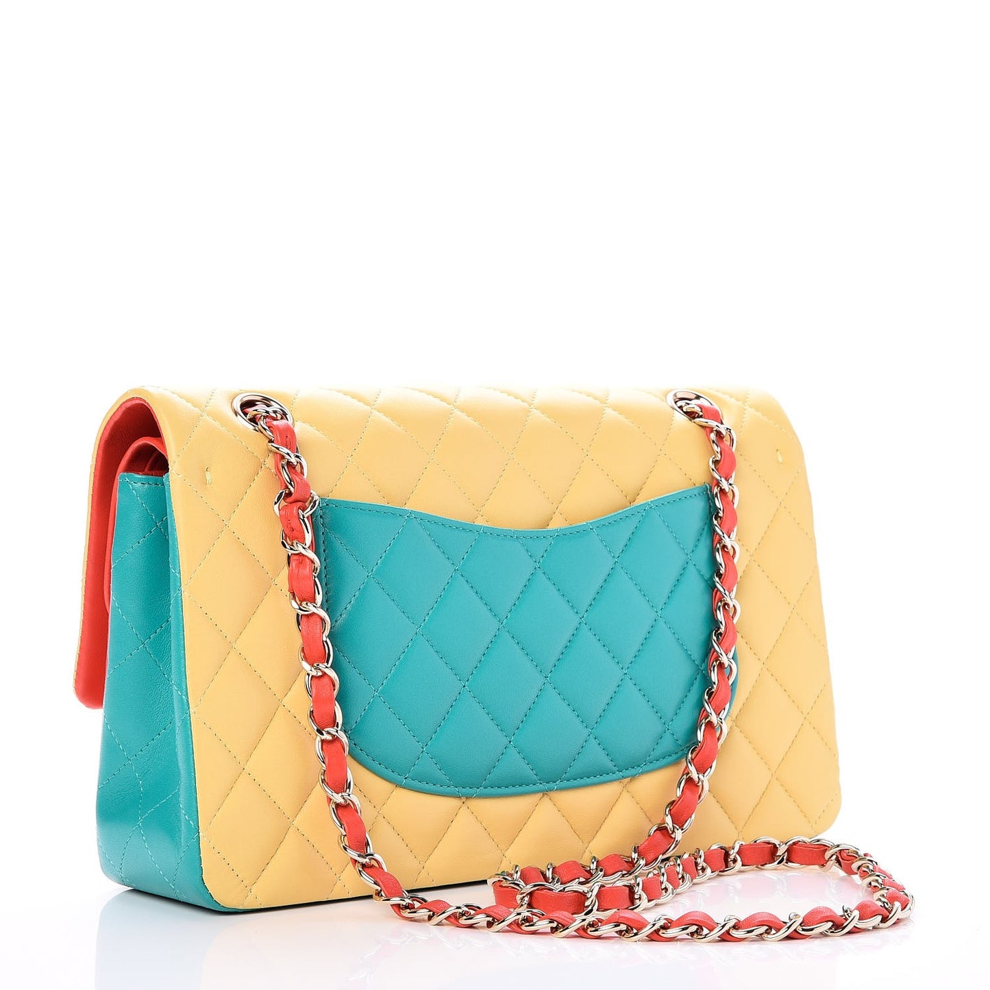 Lambskin Quilted Tri-Color Medium Double Flap Jaune Rouge Turquoise