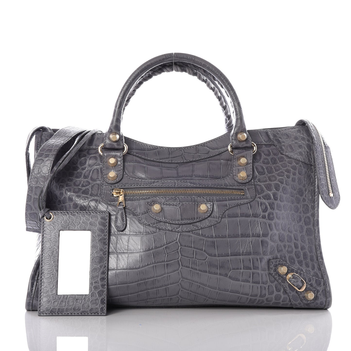 Calfskin Crocodile Embossed Giant 12 Gold Hardware City Gris Beton