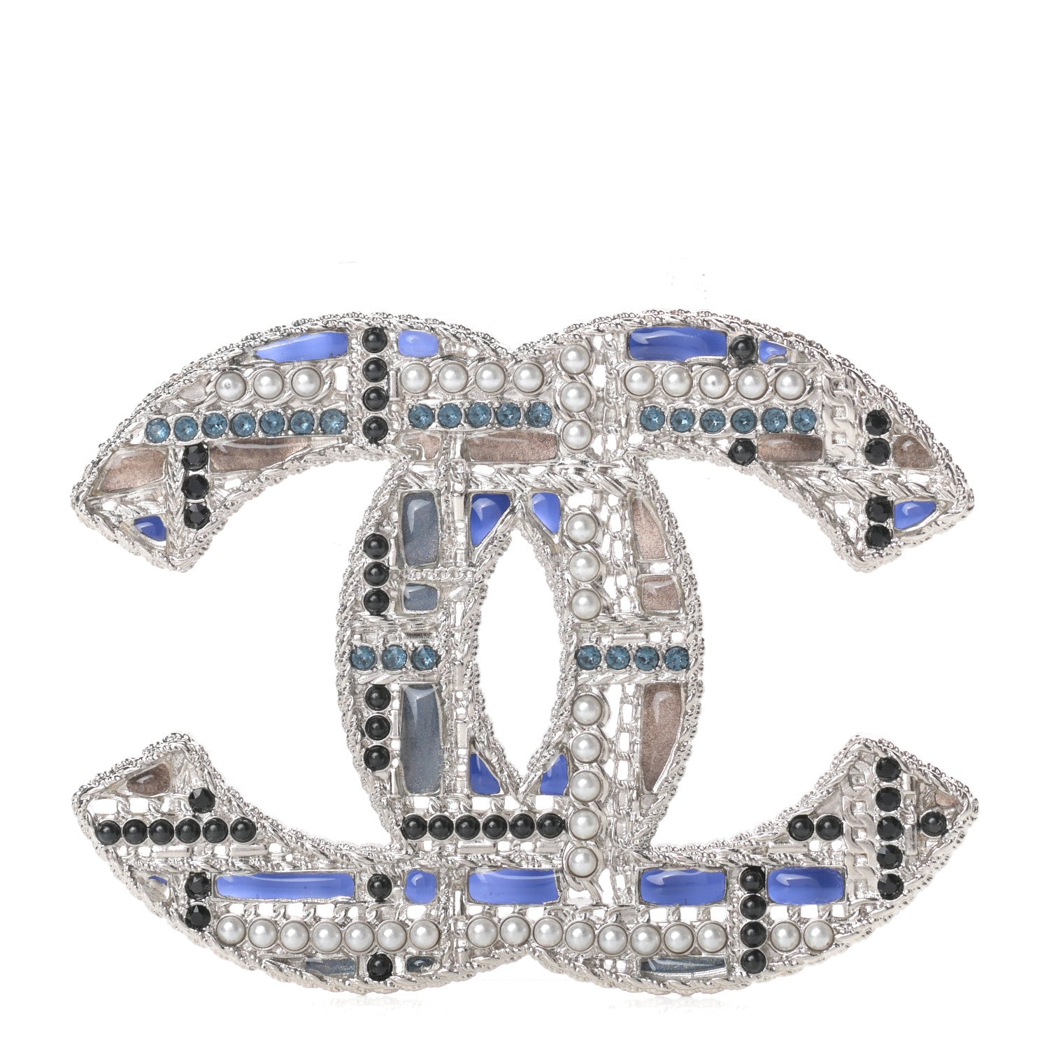 Chanel Crystal Pearl CC Tweed Brooch Blue White Pearly White 1 of 5