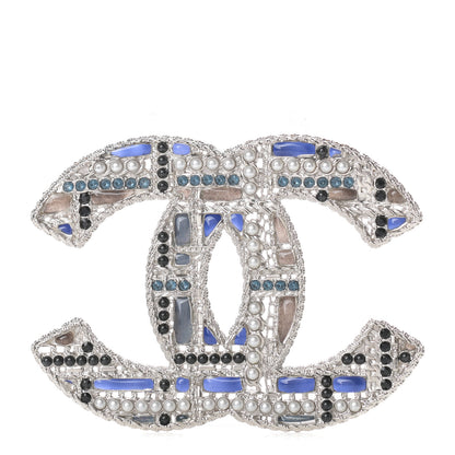 Chanel Crystal Pearl CC Tweed Brooch Blue White Pearly White 1 of 5